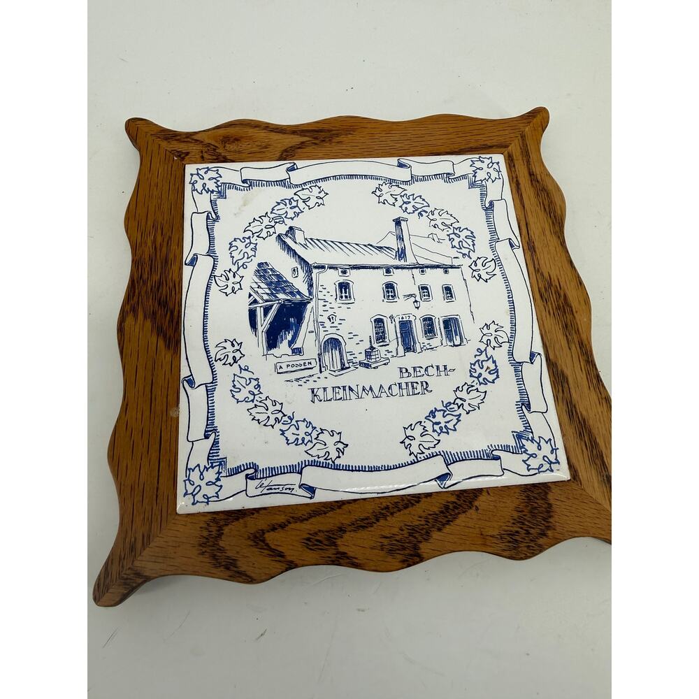 Belgium Delft Style Ceramic Tile Oak Wood Trivet Wall Plaque Vintage